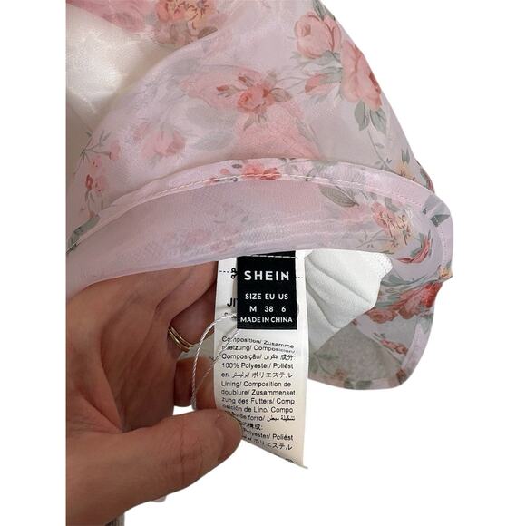 Floral Chiffon Mini Dress Pink White Puff Sleeve Babydoll Cottagecore M - Picture 6 of 16